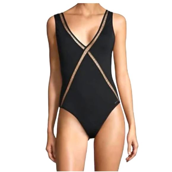 NWT* Michael Kors Cut-Out V-Neck One Piece Swim in Navy - Women's 10 - Picture 1 of 9